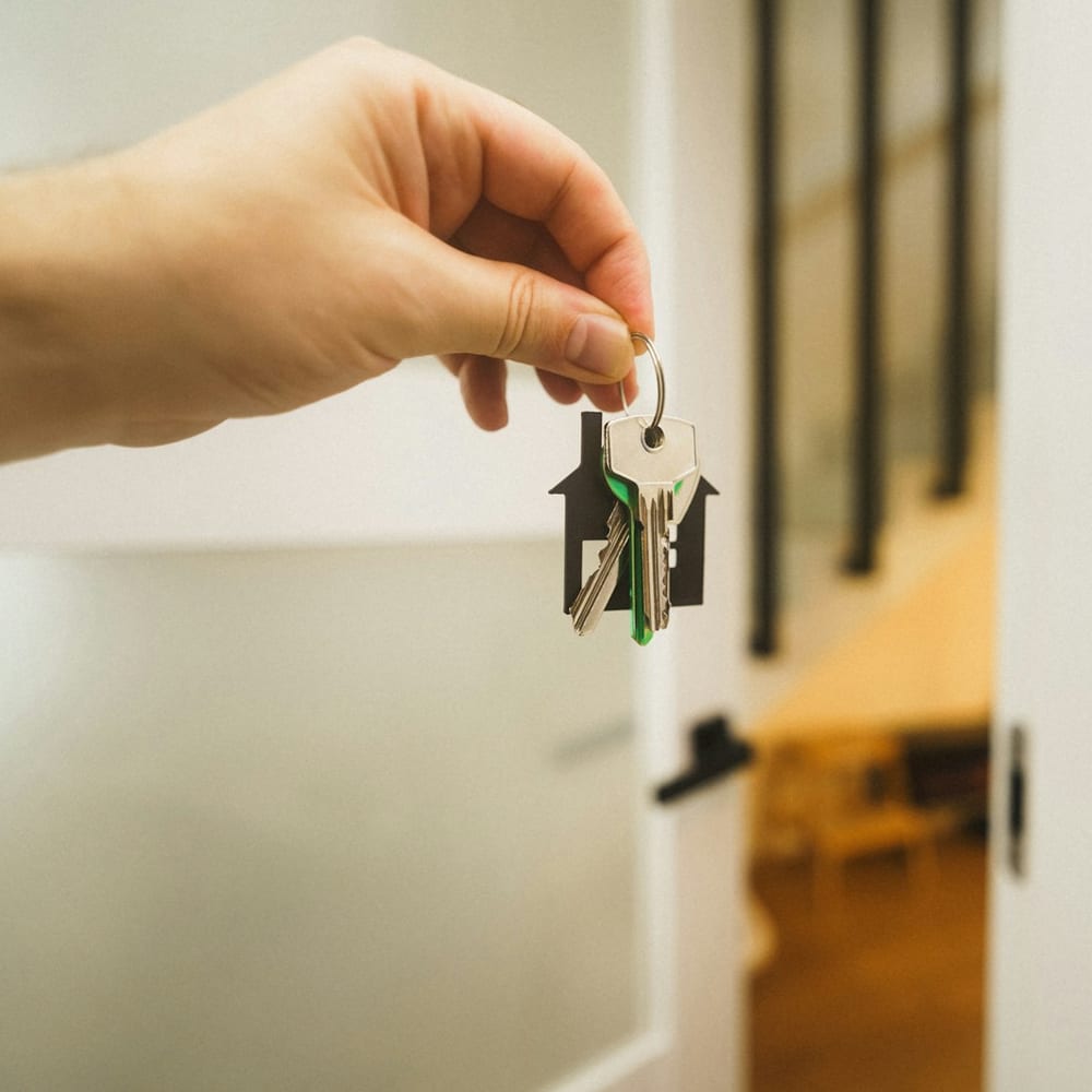 Holding the keys to a new home in an open doorway